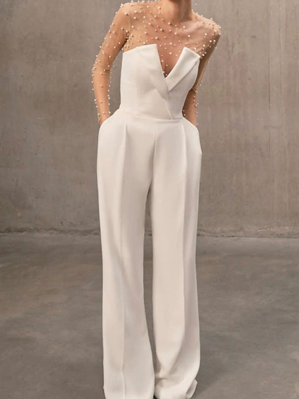 Strapless White Draped Bodice Wide-Leg Jumpsuit - Picture 2 of 3